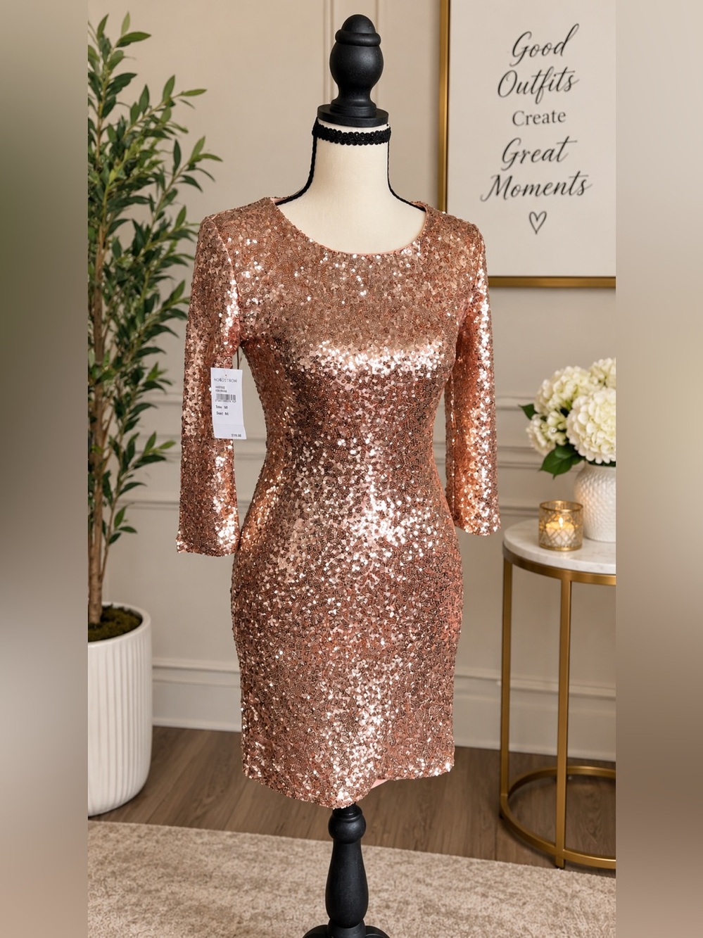 Nordstrom Rose Gold Sequin Mini Dress with Three-Quarter Sleeves